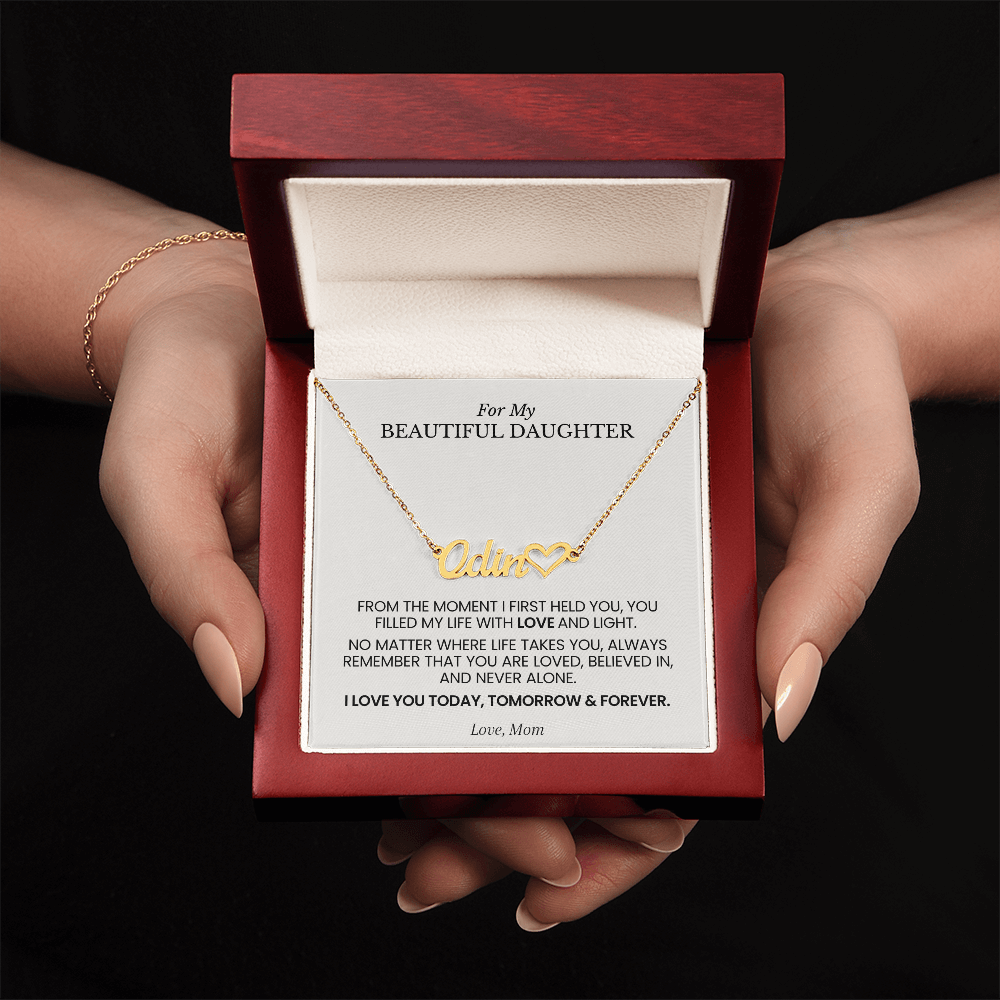 Personalized name necklace for daughter with heartfelt message card from Mom in luxury gift box